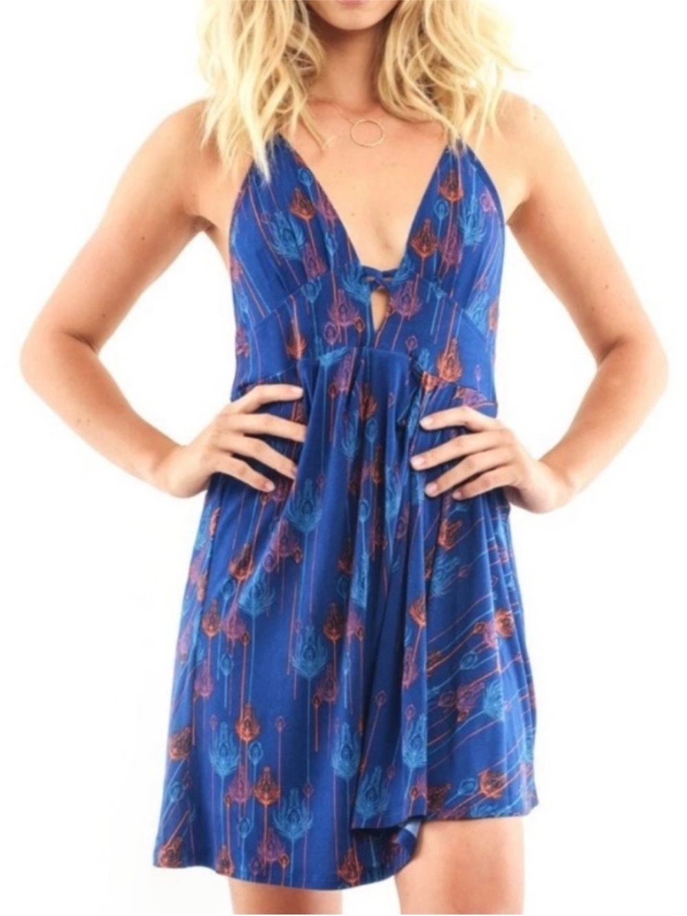 Free People Royal Blue Printed Tie-Front Slip Dress